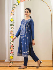 Ahlam 2 Piece Embroidery Shirt With Plain Trouser (Blue) Collection