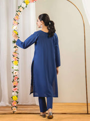 Ahlam 2 Piece Embroidery Shirt With Plain Trouser (Blue) Collection