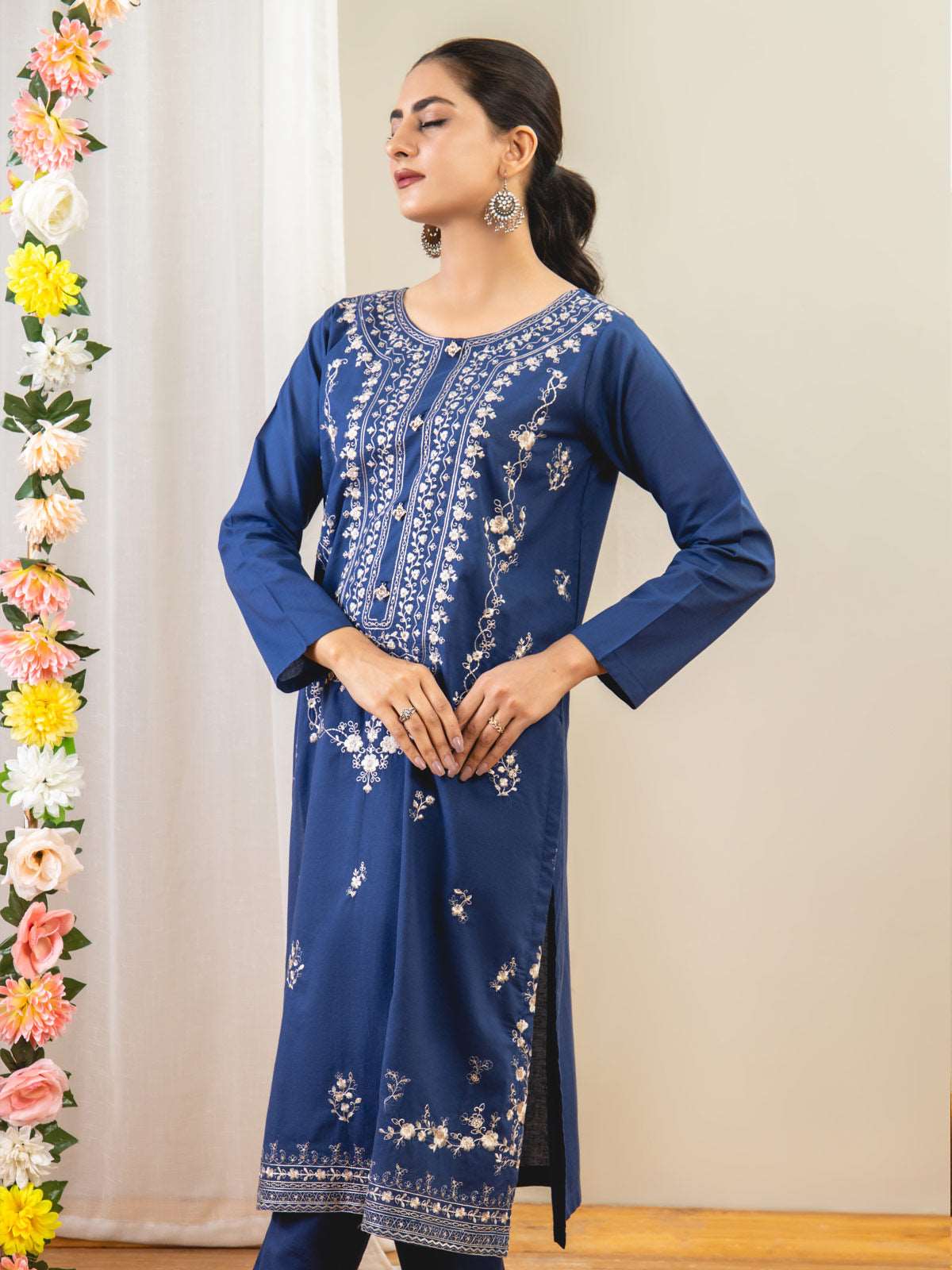 Ahlam 2 Piece Embroidery Shirt With Plain Trouser (Blue) Collection