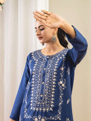 Ahlam 2 Piece Embroidery Shirt With Plain Trouser (Blue) Collection