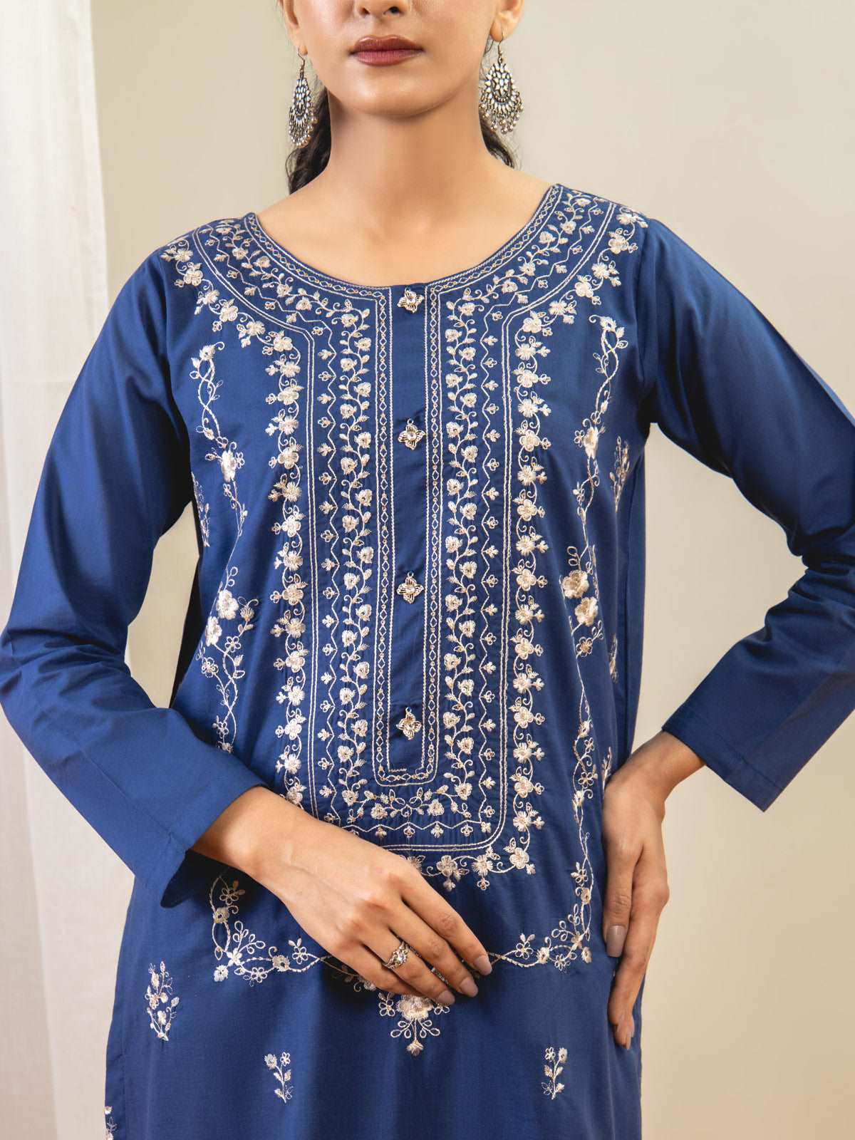 Ahlam 2 Piece Embroidery Shirt With Plain Trouser (Blue) Collection