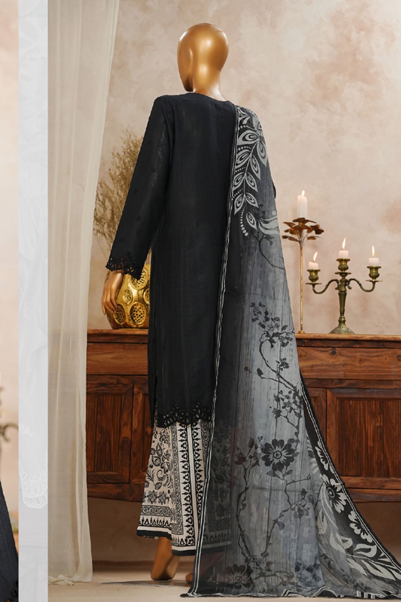 HZ Stitched 3 Piece Solid Emb Chikankari Collection'2025-SSPE-3P-001-BLACK