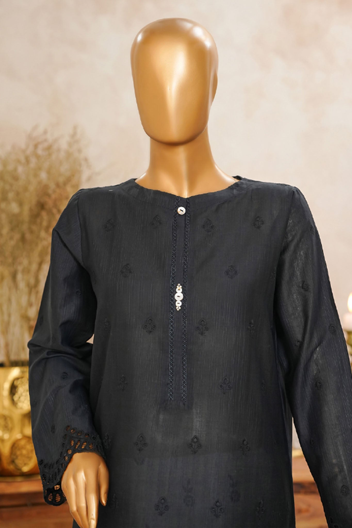 HZ Stitched 3 Piece Solid Emb Chikankari Collection'2025-SSPE-3P-001-BLACK