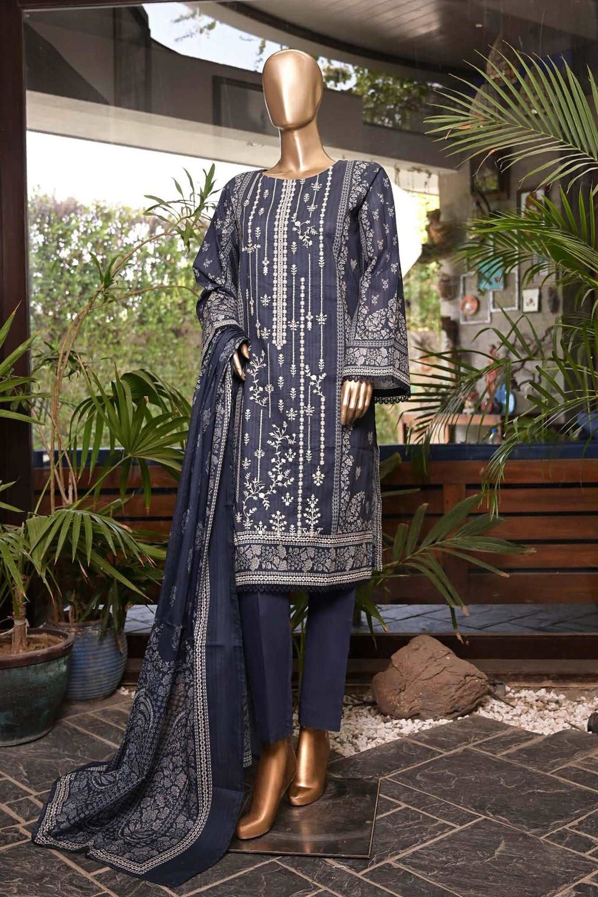 Affifa by Bin Saeed Stitched 3 Piece Embroidered Lawn Vol-04 Collection'2023-CF-0061-Blue