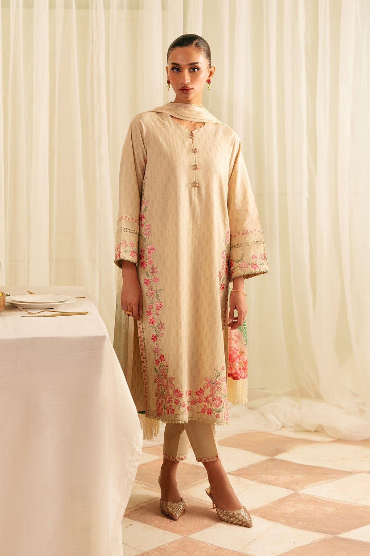 Festive Edit By Sahar Unstitched 3 Piece Jacquard Collection-01-Botanic Beige