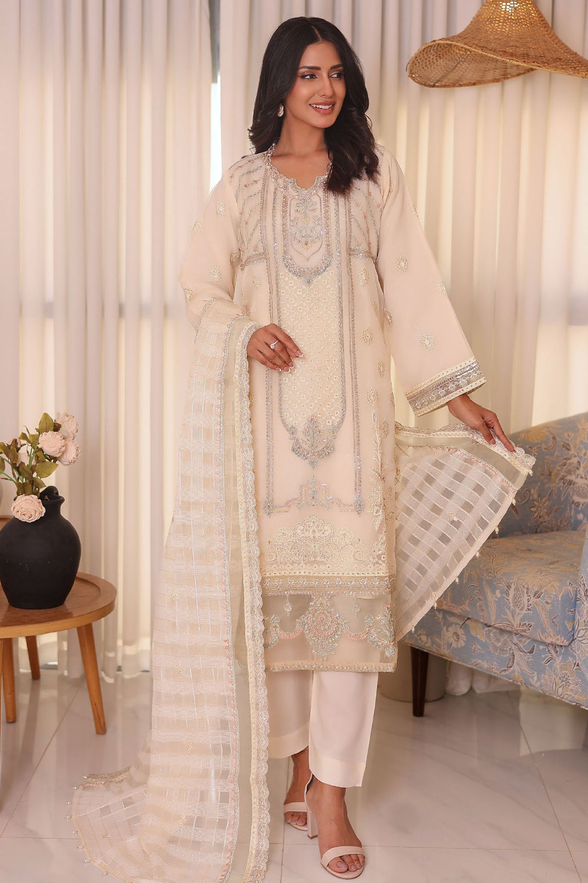 Irha By Azmeerah Official Semi Stitched 3 Piece Organza Edit Formals Collection'2024-01-White