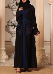 Hijab Ul Hareem Black and Blue Machine Embroidery Nida Fabric Front Open Abaya - 0116-K-300