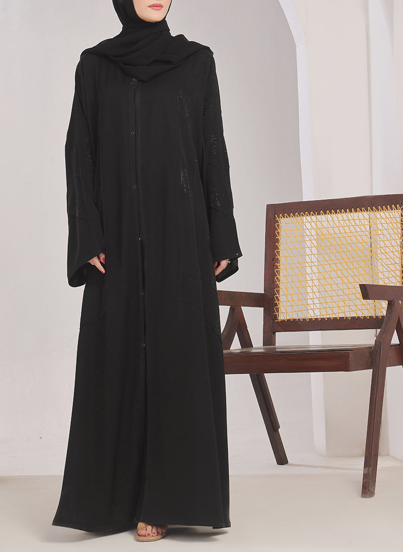 Hijab Ul Hareem Stone Work Front Open Black Abaya - 0116-RC-1020