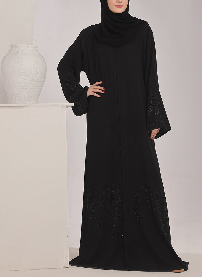 Hijab Ul Hareem Stone work Front Open Black Abaya - 0121-C-1024