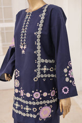 Navy blue dress with intricate white embroidery on a mannequin against a neutral background