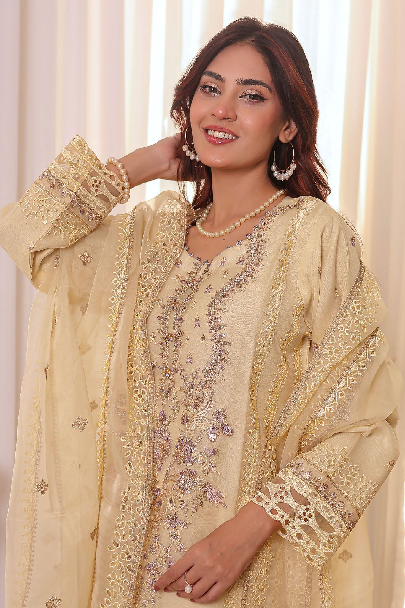 Irha By Azmeerah Official Semi Stitched 3 Piece Organza Edit Formals Collection'2024-03-Cream