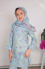 Suntex Stitched 3 Piece Lawn Kids Suit- Sky Blue - SHIRT - PRINTED