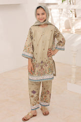 Suntex Stitched 3 Piece Kids Lawn Suit-SH-2664-Khaki