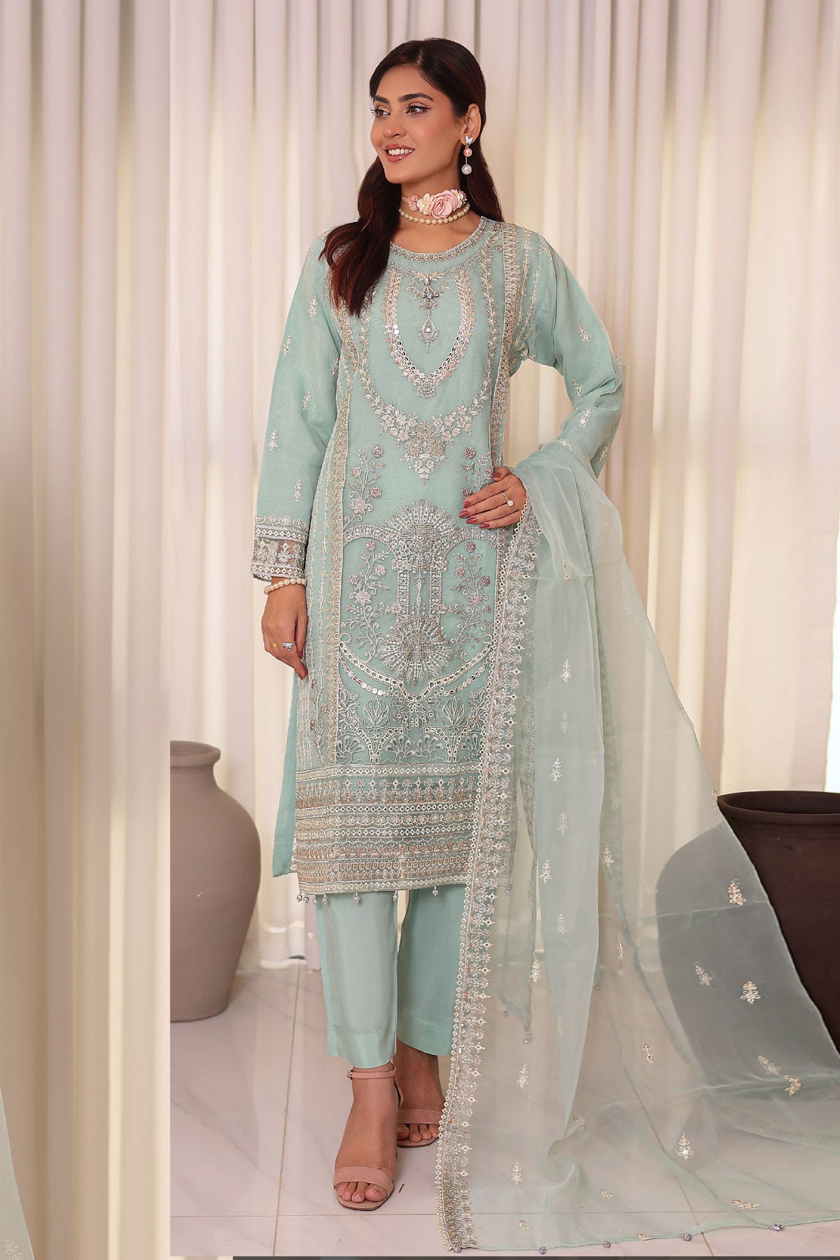 Irha By Azmeerah Official Semi Stitched 3 Piece Organza Edit Formals Collection'2024-04-Sky Blue