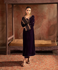 Velvet Saga By Kross Kulture Stitched Embroidered Velvet Shirt Collection'2025-0001736-SML-BEY