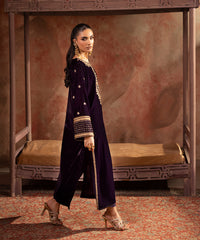 Velvet Saga By Kross Kulture Stitched Embroidered Velvet Shirt Collection'2025-0001736-SML-BEY