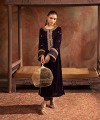 Velvet Saga By Kross Kulture Stitched Embroidered Velvet Shirt Collection'2025-0001736-SML-BEY
