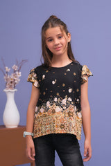 Sprinkles Stitched 1 Piece Summer Shirts Kids Collection'2025-Black Floral Ruffle Armhole Printed Shirts