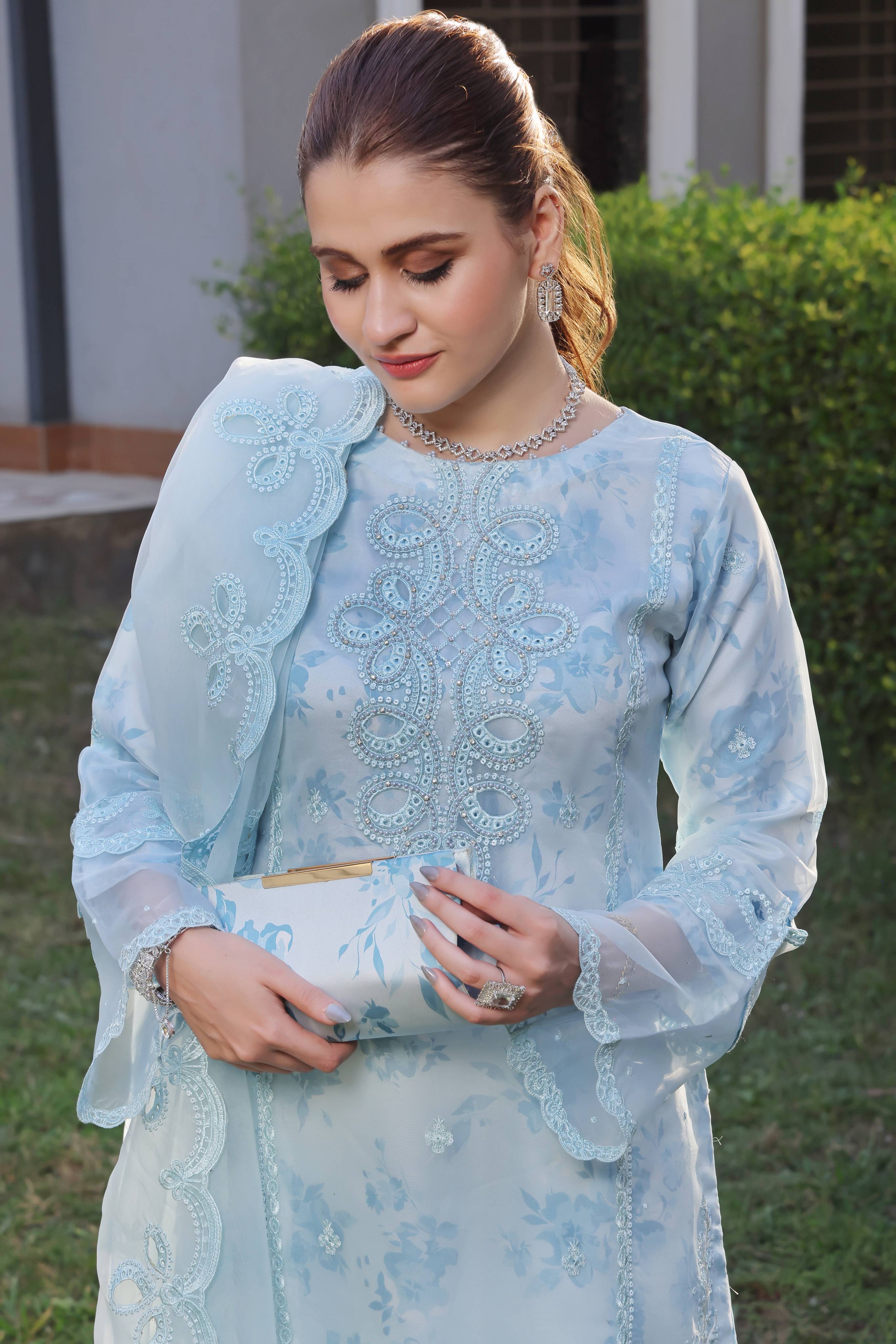 Dressline Semi Stitched 3 Piece Luxury Emb Organza Collection With Designer Clutch