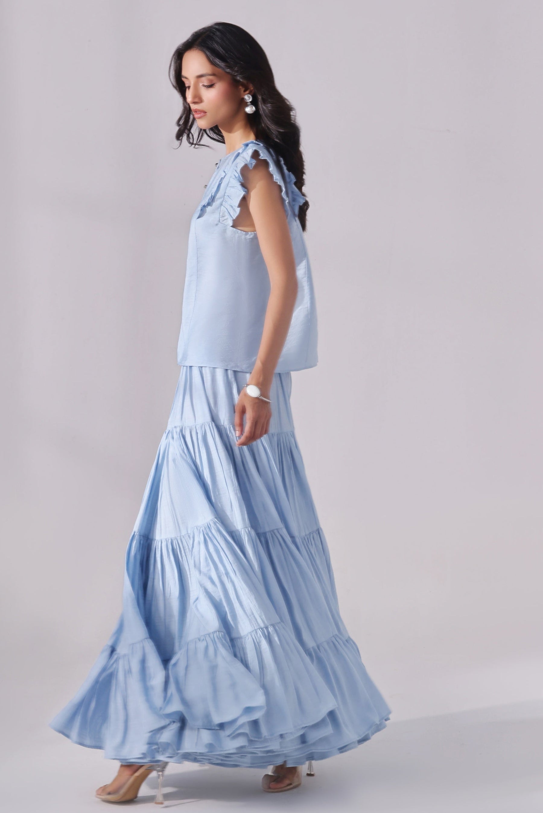 Ora Fashion Stitched 2 Piece Summer Collection'2025-Sky Tiered Skirt & Chic Crop Top Set