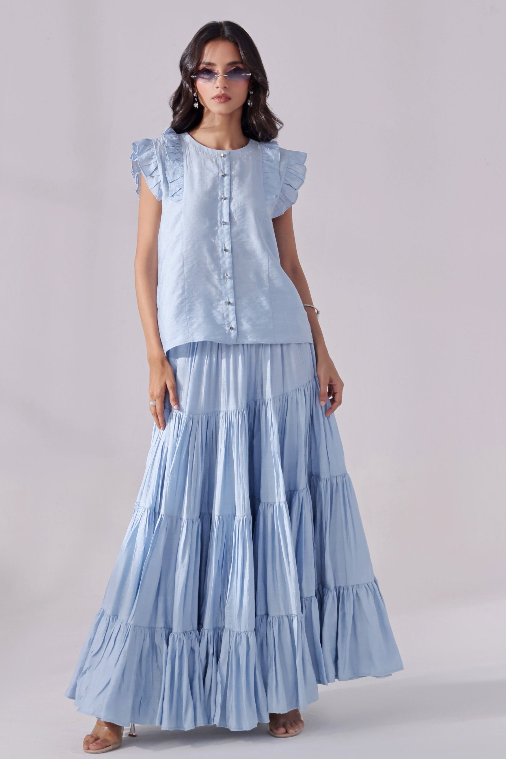Ora Fashion Stitched 2 Piece Summer Collection'2025-Sky Tiered Skirt & Chic Crop Top Set