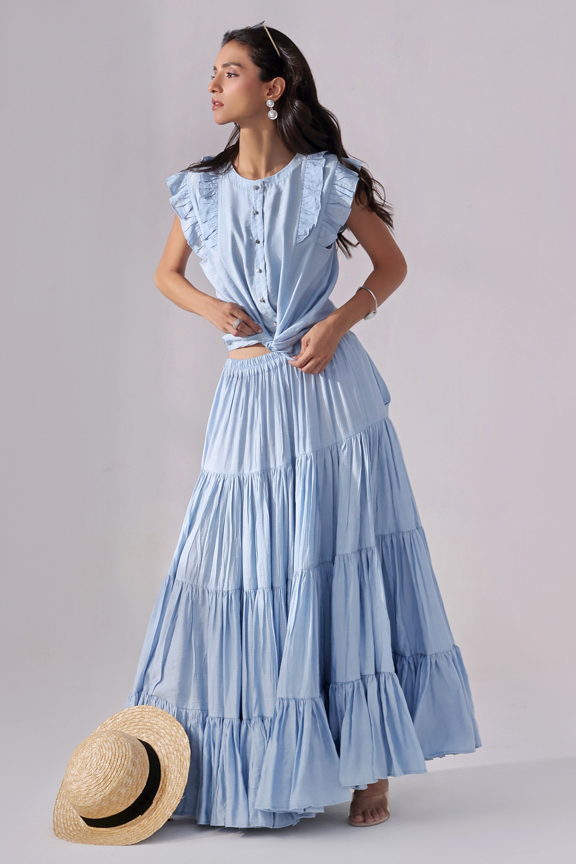 Ora Fashion Stitched 2 Piece Summer Collection'2025-Sky Tiered Skirt & Chic Crop Top Set