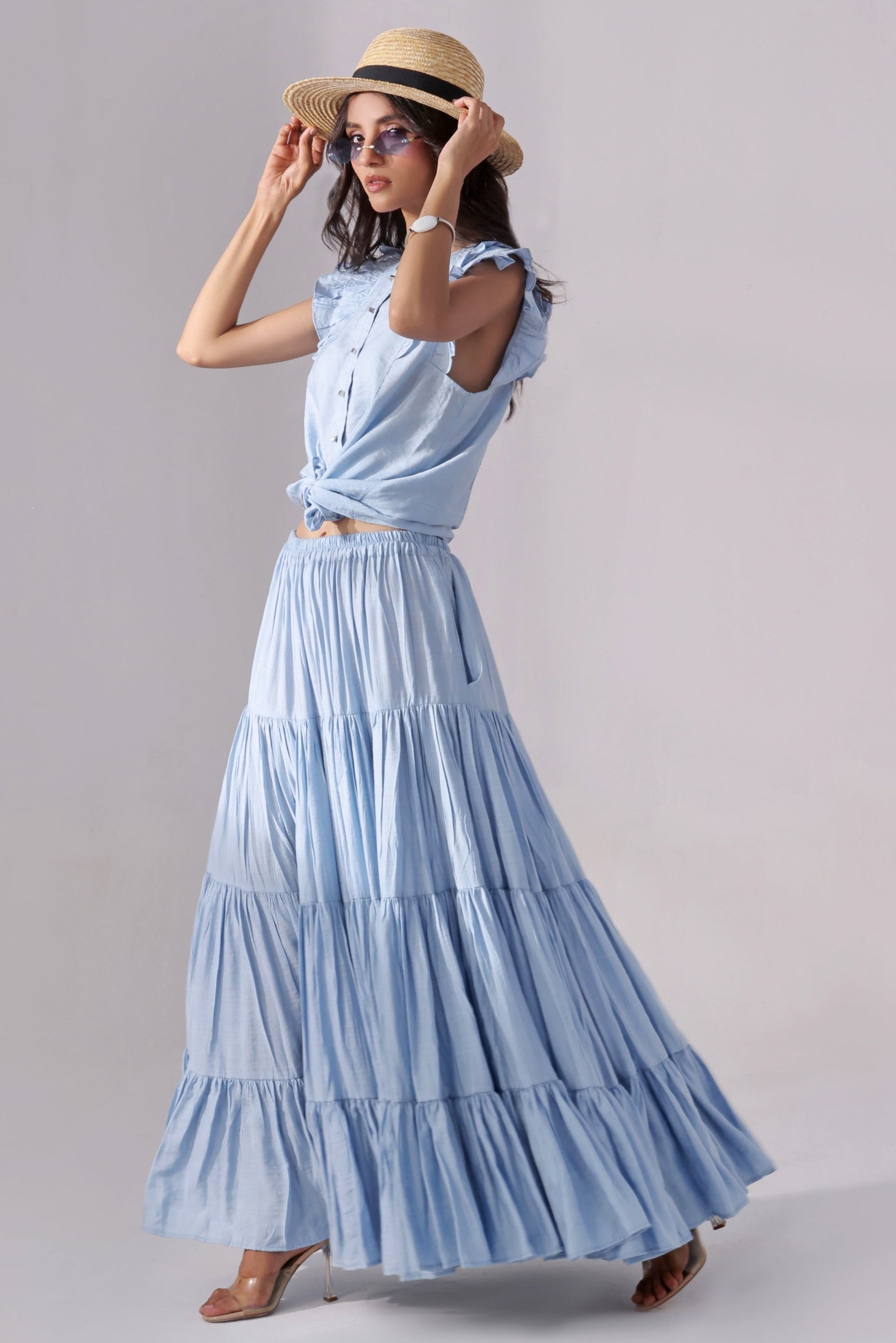 Ora Fashion Stitched 2 Piece Summer Collection'2025-Sky Tiered Skirt & Chic Crop Top Set