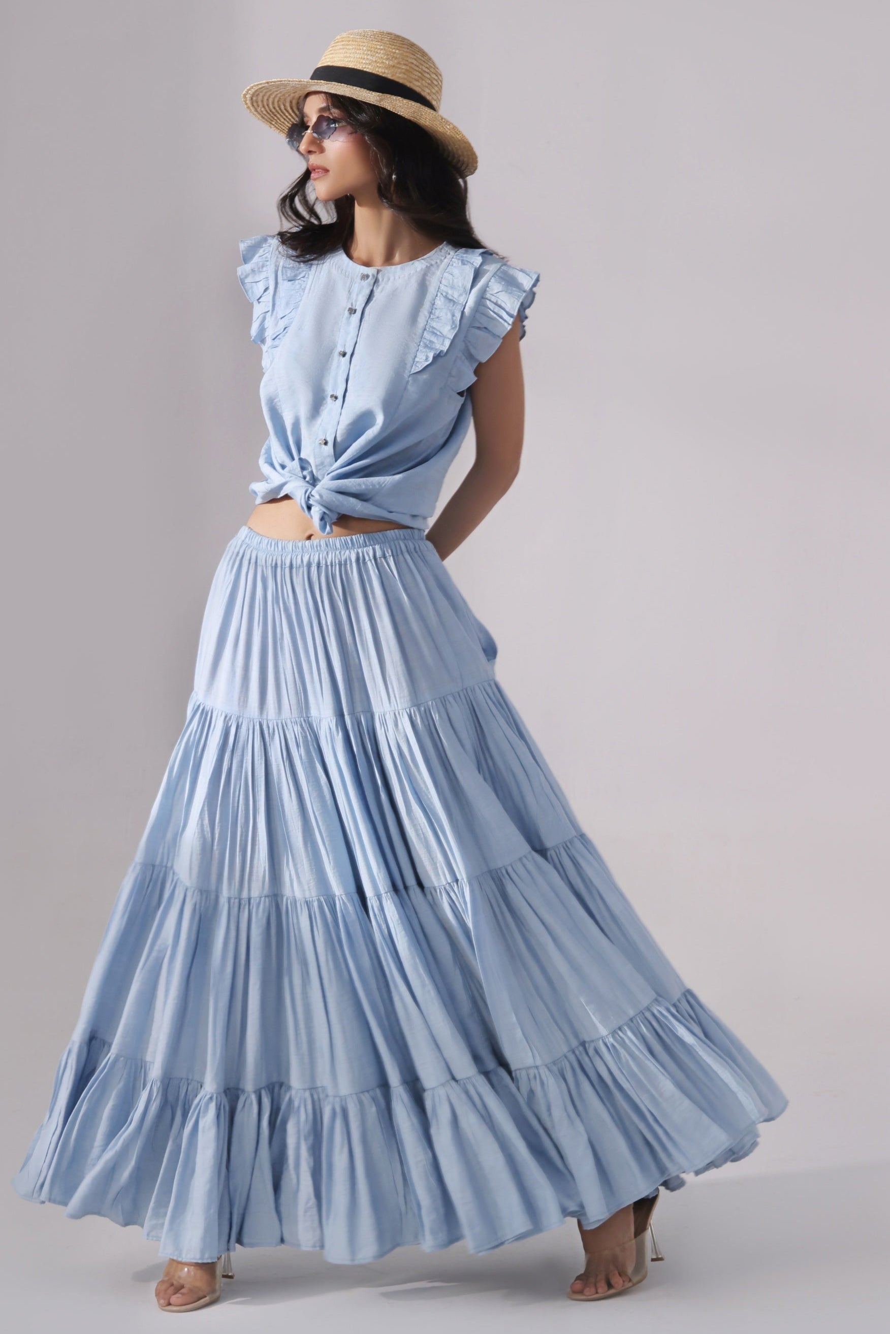 Ora Fashion Stitched 2 Piece Summer Collection'2025-Sky Tiered Skirt & Chic Crop Top Set