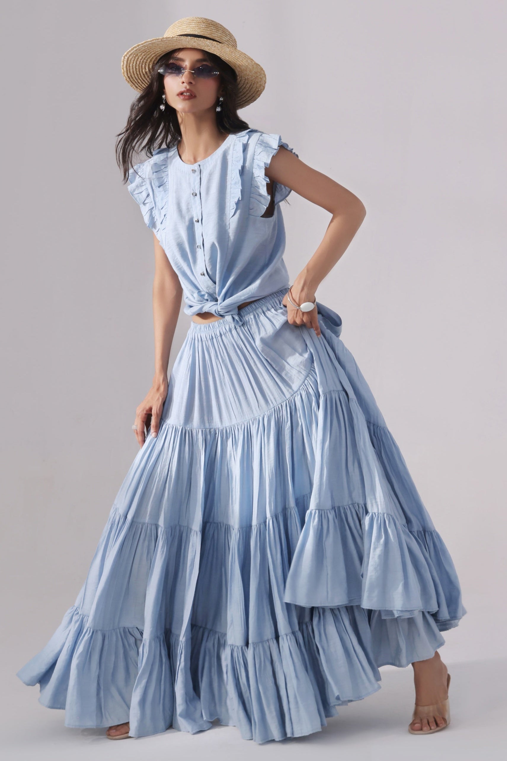 Ora Fashion Stitched 2 Piece Summer Collection'2025-Sky Tiered Skirt & Chic Crop Top Set
