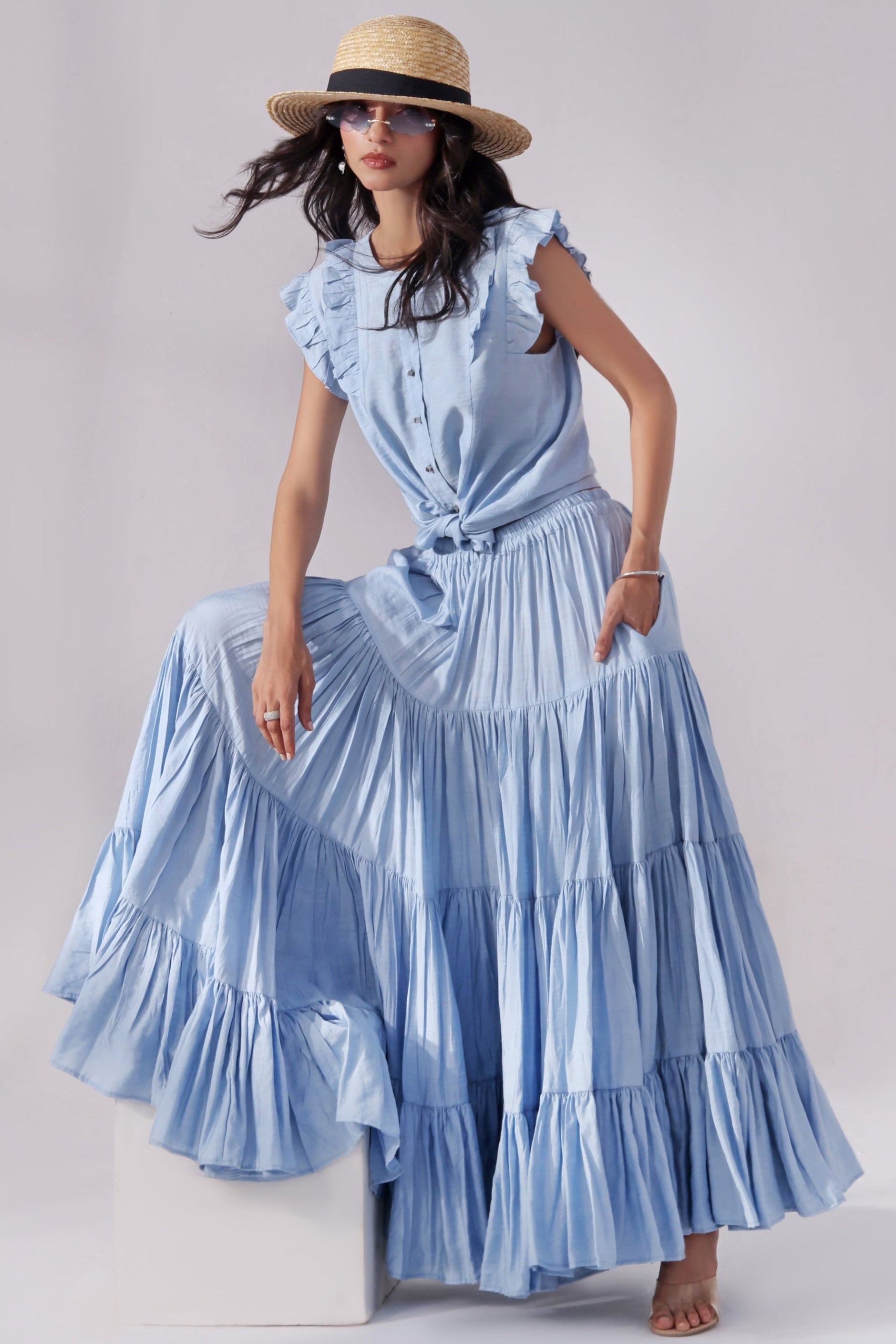 Ora Fashion Stitched 2 Piece Summer Collection'2025-Sky Tiered Skirt & Chic Crop Top Set