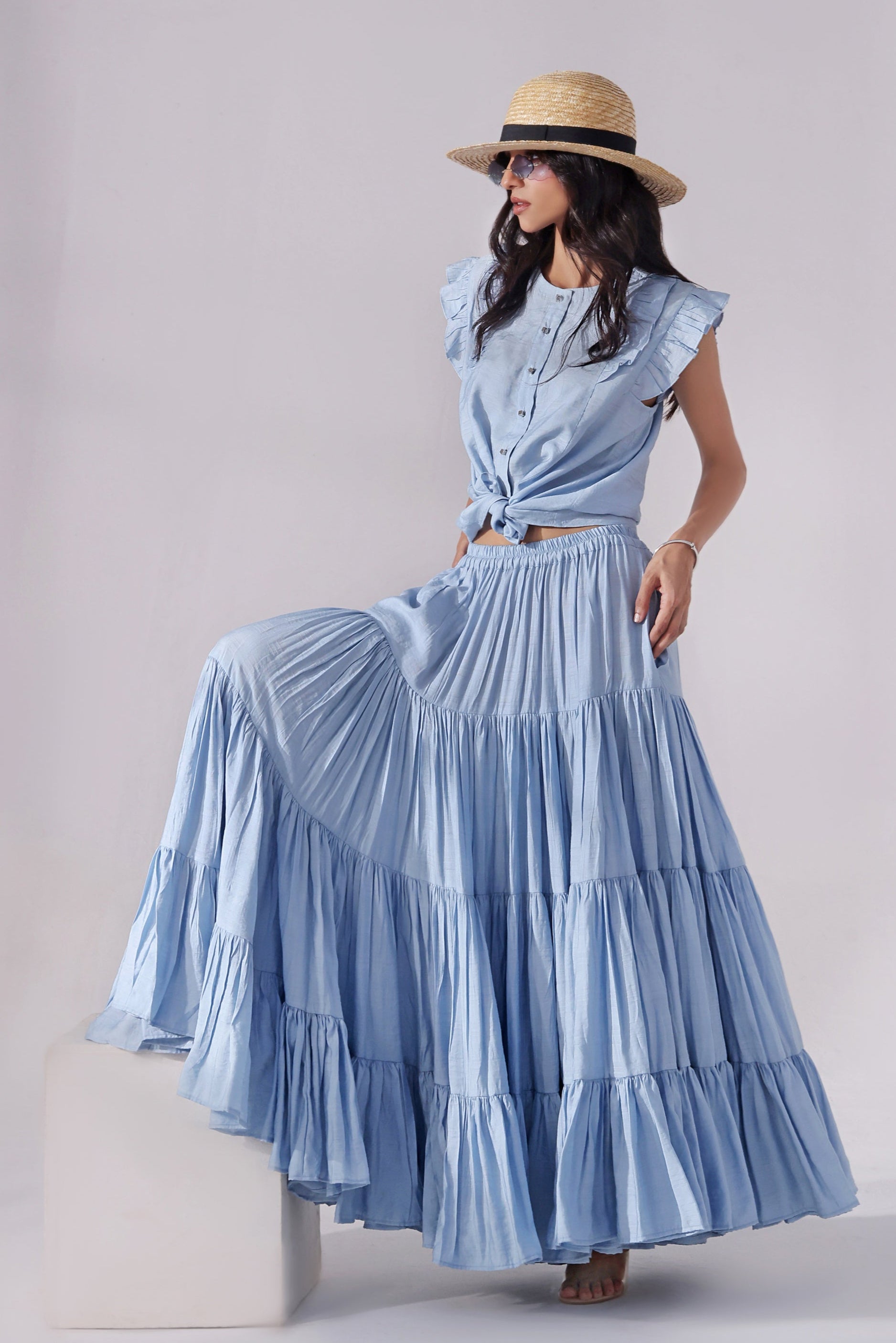 Ora Fashion Stitched 2 Piece Summer Collection'2025-Sky Tiered Skirt & Chic Crop Top Set