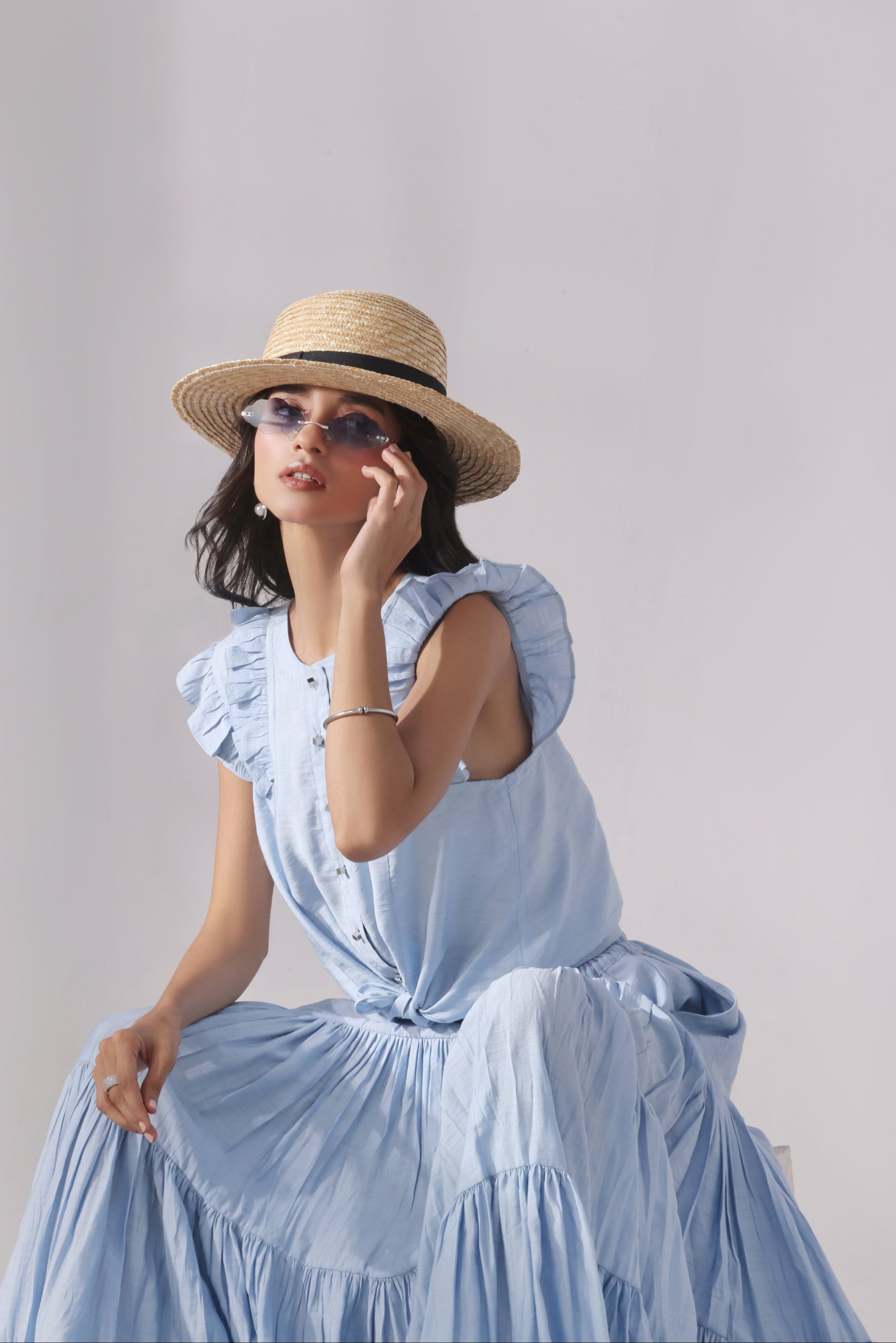 Ora Fashion Stitched 2 Piece Summer Collection'2025-Sky Tiered Skirt & Chic Crop Top Set
