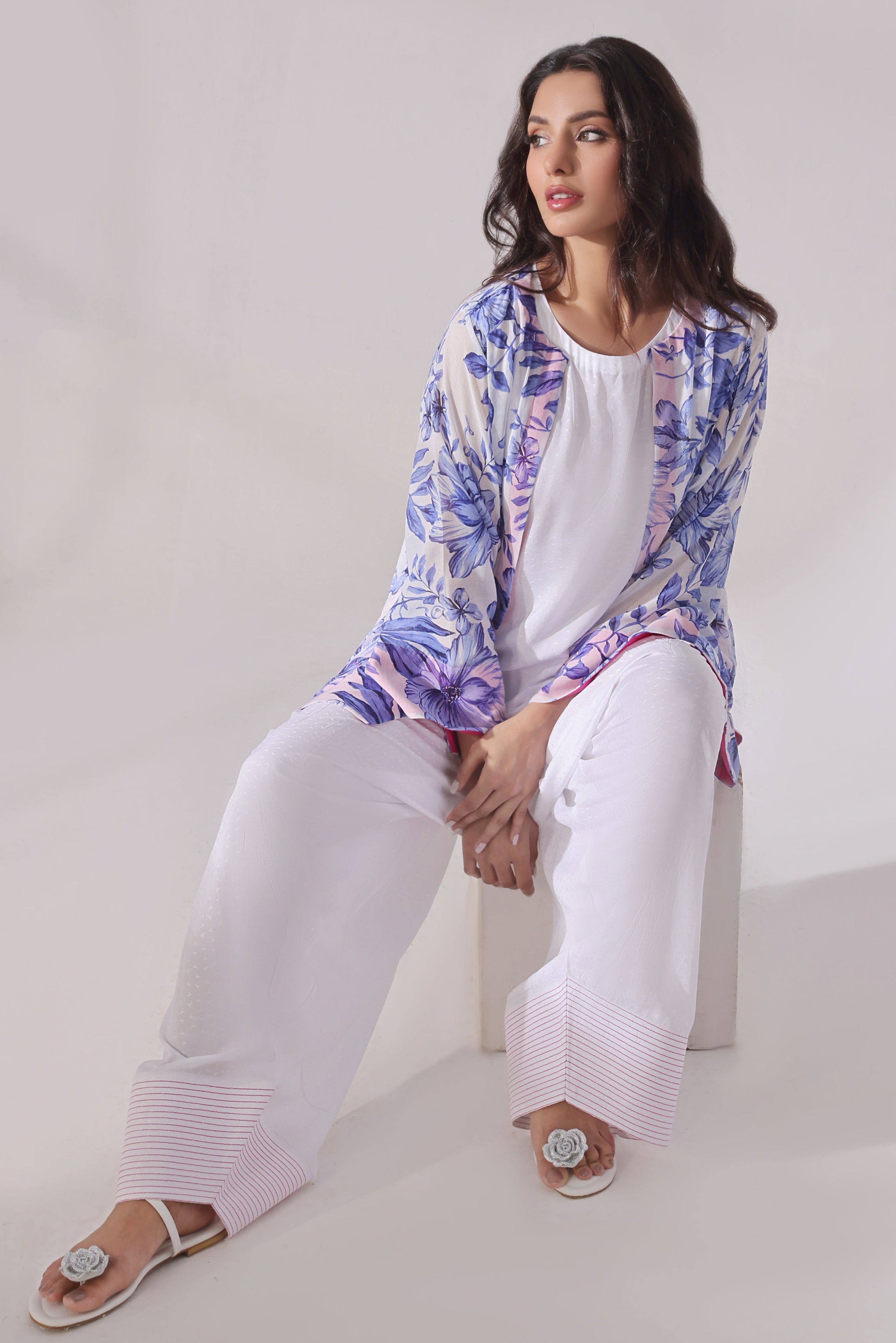 Ora Fashion Stitched 3 Piece Summer Collection'2025-CARDIGAN with Shirt & Farshi Bottom