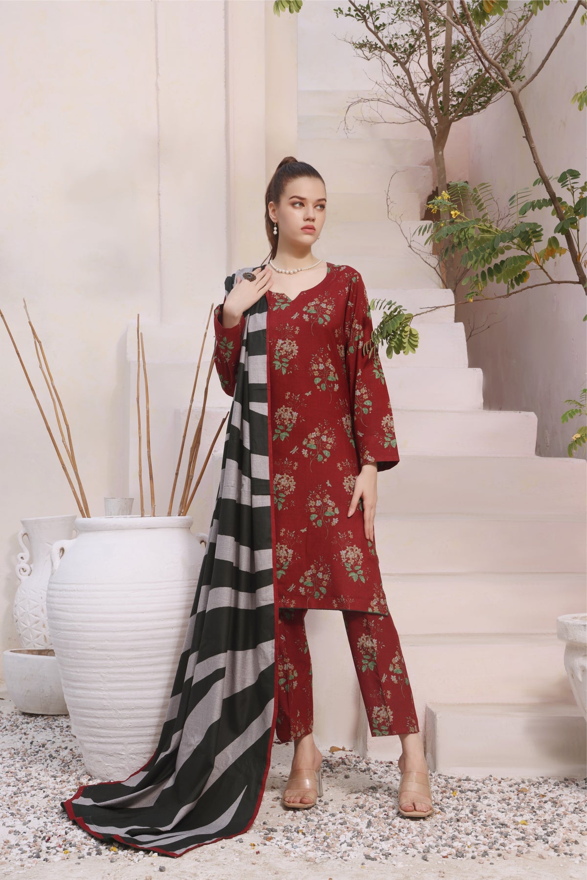 Feathers Unstitched 3 Piece Winter Collection-GLEAMING RUBY-FT295