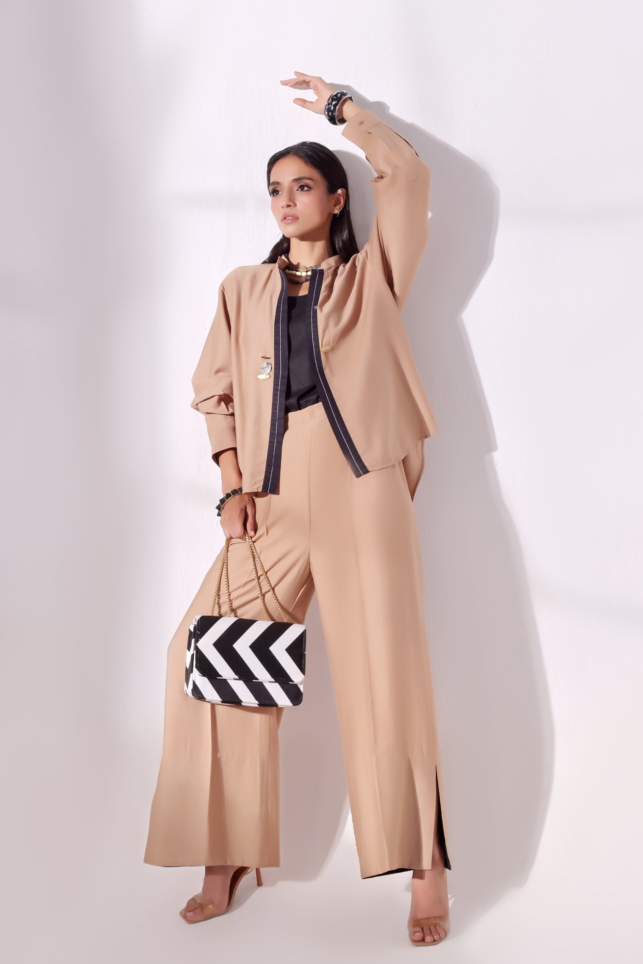 Ora Fashion Stitched 2 Piece Summer Collection'2025-Ora Fashion Khaki Top & Pent Set