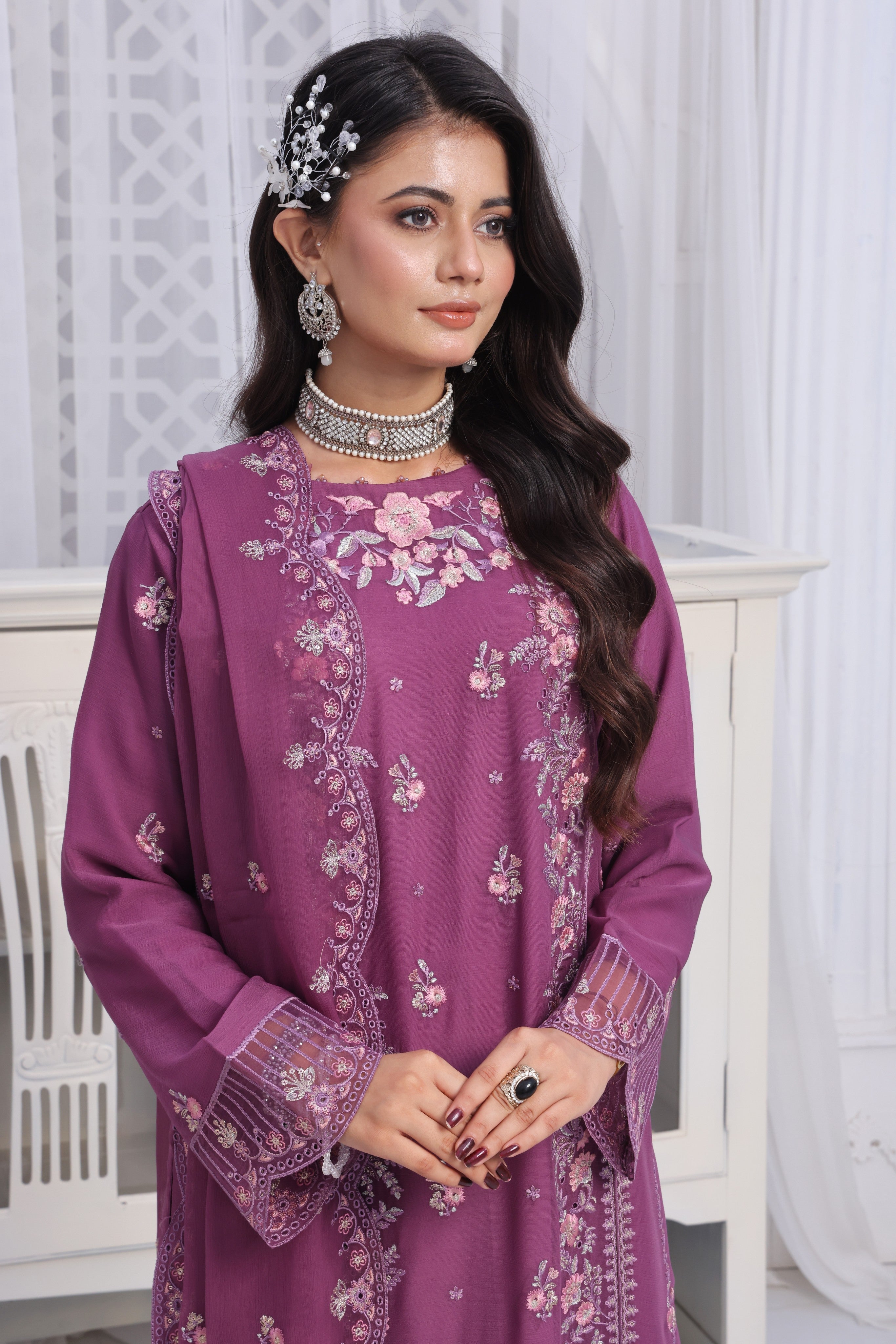 Dressline Mulberry Semi Stitched Luxury Emb Chiffon 3 Piece Suit