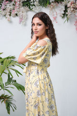 Sprinkles Stitched 1 Piece Summer Shirts Women Collection'2025-The Duo Yellow Allover Flover Print Short Sleeve Tunic Dress