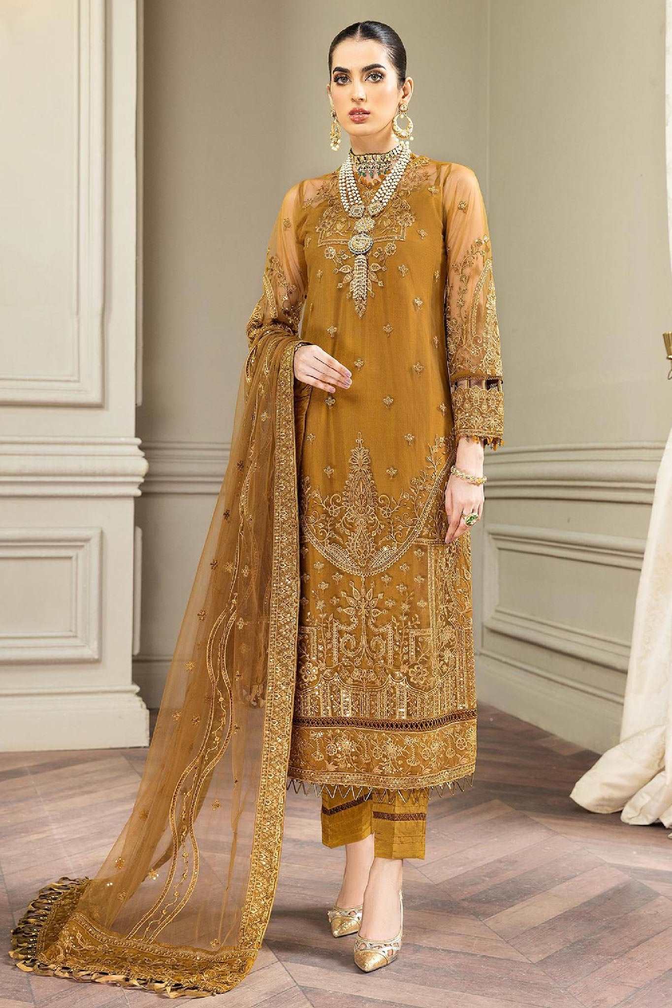 Amiraa by Farasha Unstitched 3 Piece Luxury Net Collection'2022-08-Amber