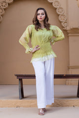 Urban Cut Embroidered Edges Top with Elastic Ruffle Frilled Shirt 1 Piece