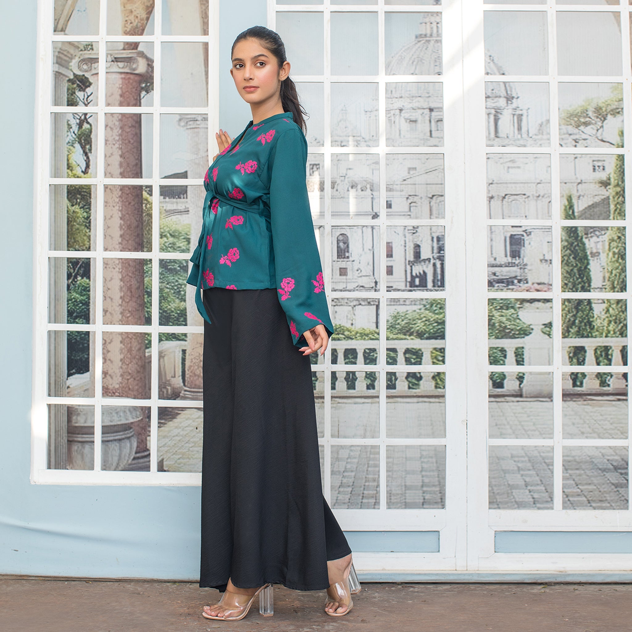 Urban Cut Warm Green Embroidered Fusion Top 1 Piece