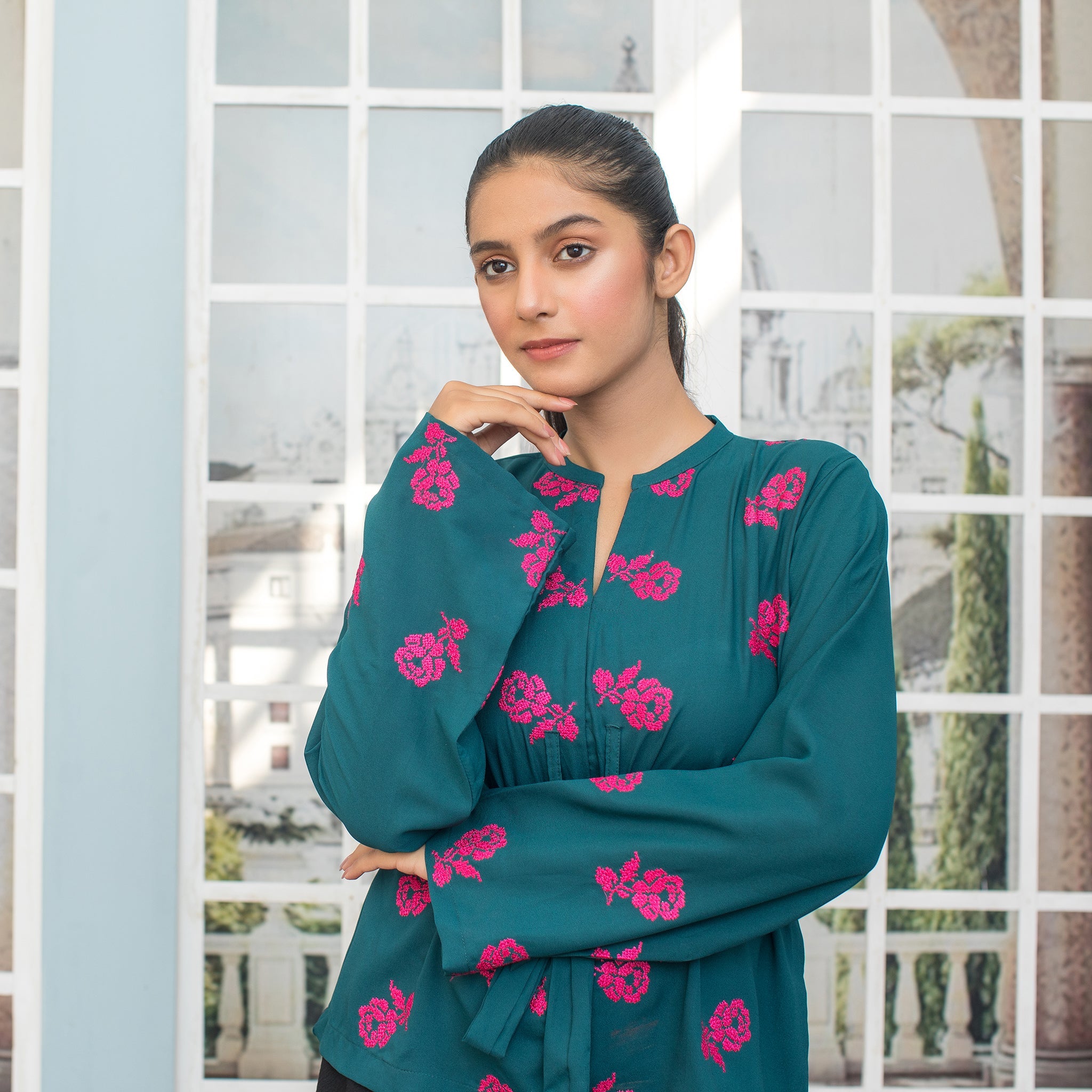 Urban Cut Warm Green Embroidered Fusion Top 1 Piece