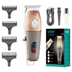 VGR-V-976 Professional Cordless Hair Clipper & Beard Trimmer  6500 RPM, 150 Min Runtime, Digital Display, Stainless Steel Blade, USB Charging, 4 Combs (Copper)
