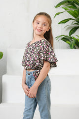 Sprinkles Stitched 1 Piece Summer Shirts Kids Collection'2025-Ditsy Black Floral Print Crop Top