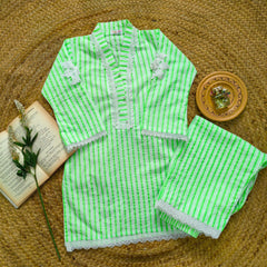 Hiba Fashion Fluorescent green striped Lawn Co-ord set  (FSB-004)