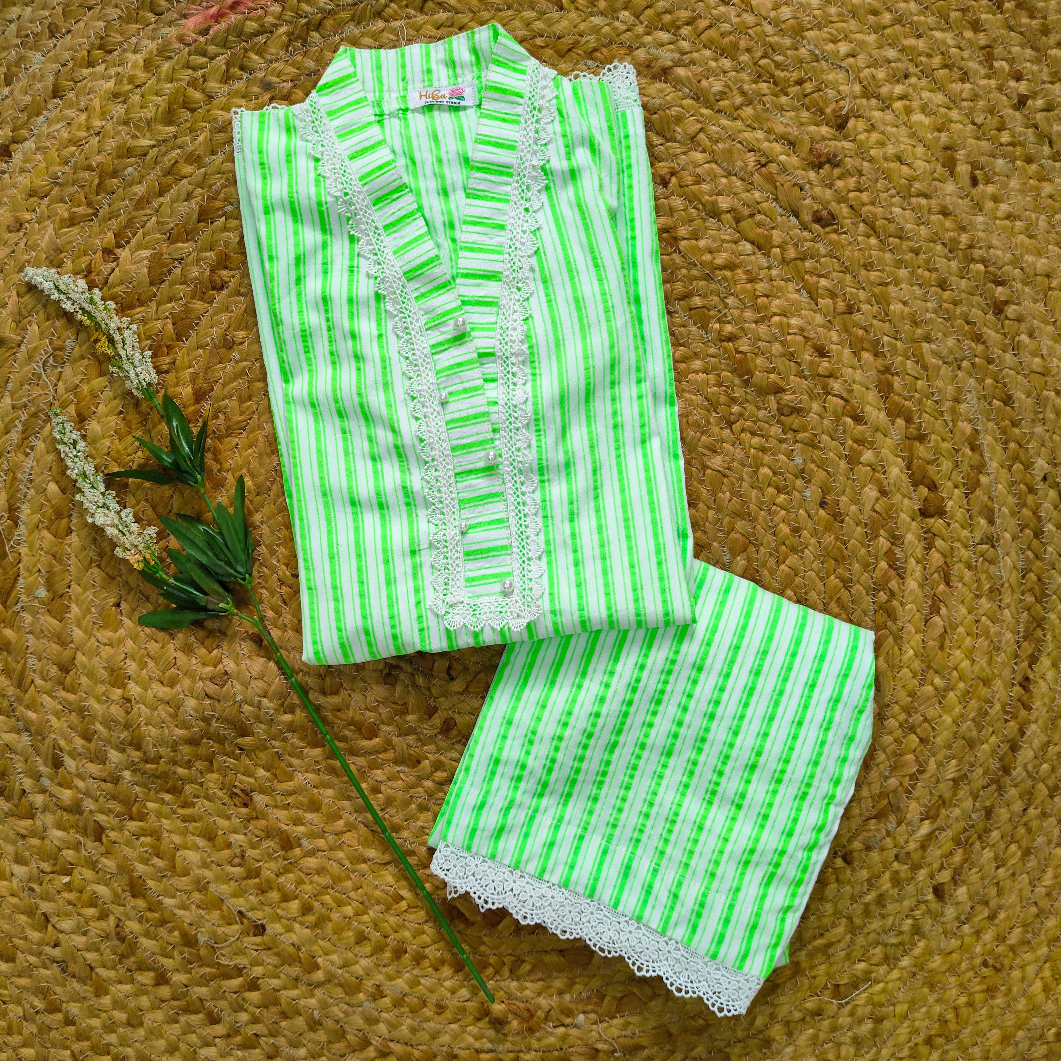 Hiba Fashion Fluorescent green striped Lawn Co-ord set  (FSB-004)