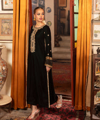 Velvet Saga By Kross Kulture Stitched Embroidered Velvet Shirt Collection'2025-0001863-SML-BLK