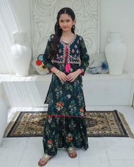 Khanak Stitched Kids-Bottle Green 2Pcs Koti Style With Gharara KST 199
