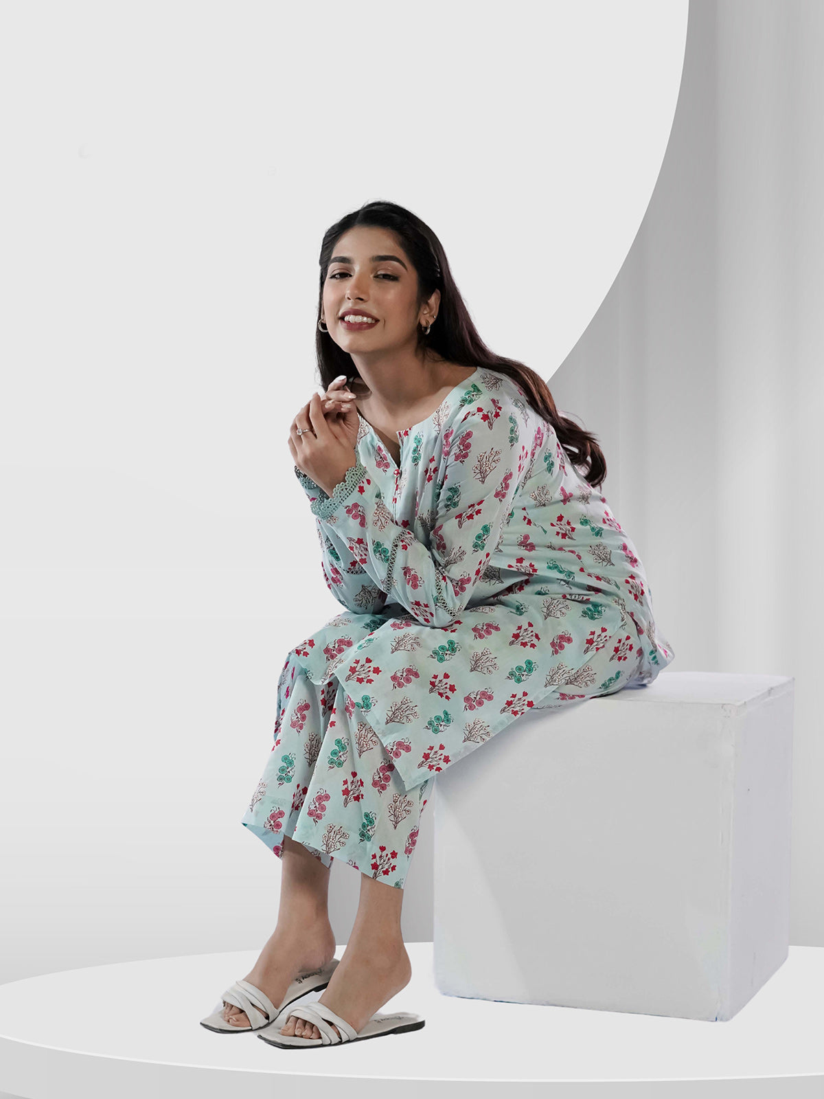 Ahlam Soft Cambric Stitched-Celeste Co-ord Set Collection'2024