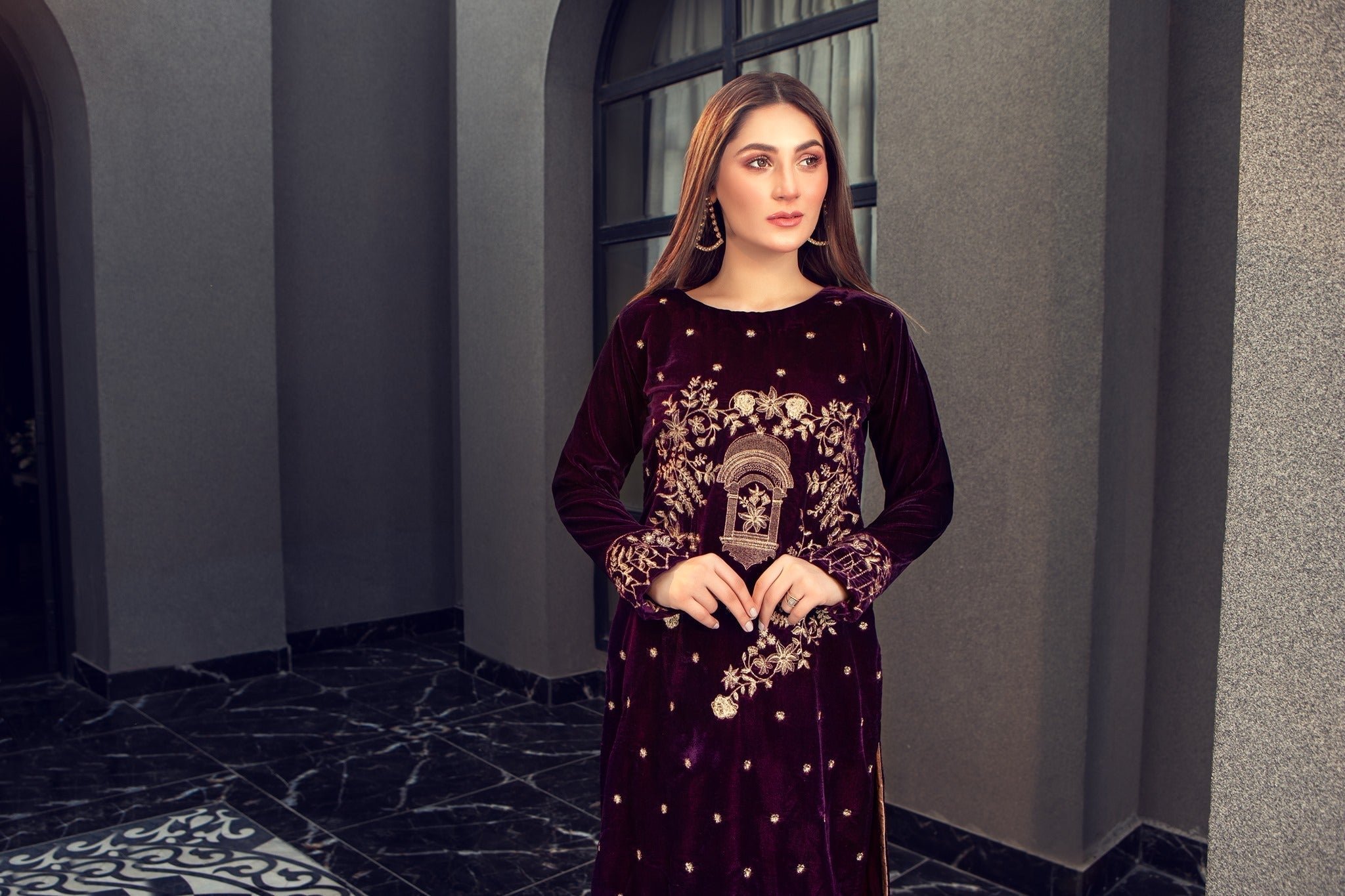 Panache Apparel Stitched Velvet Collection-Mauve Bloom