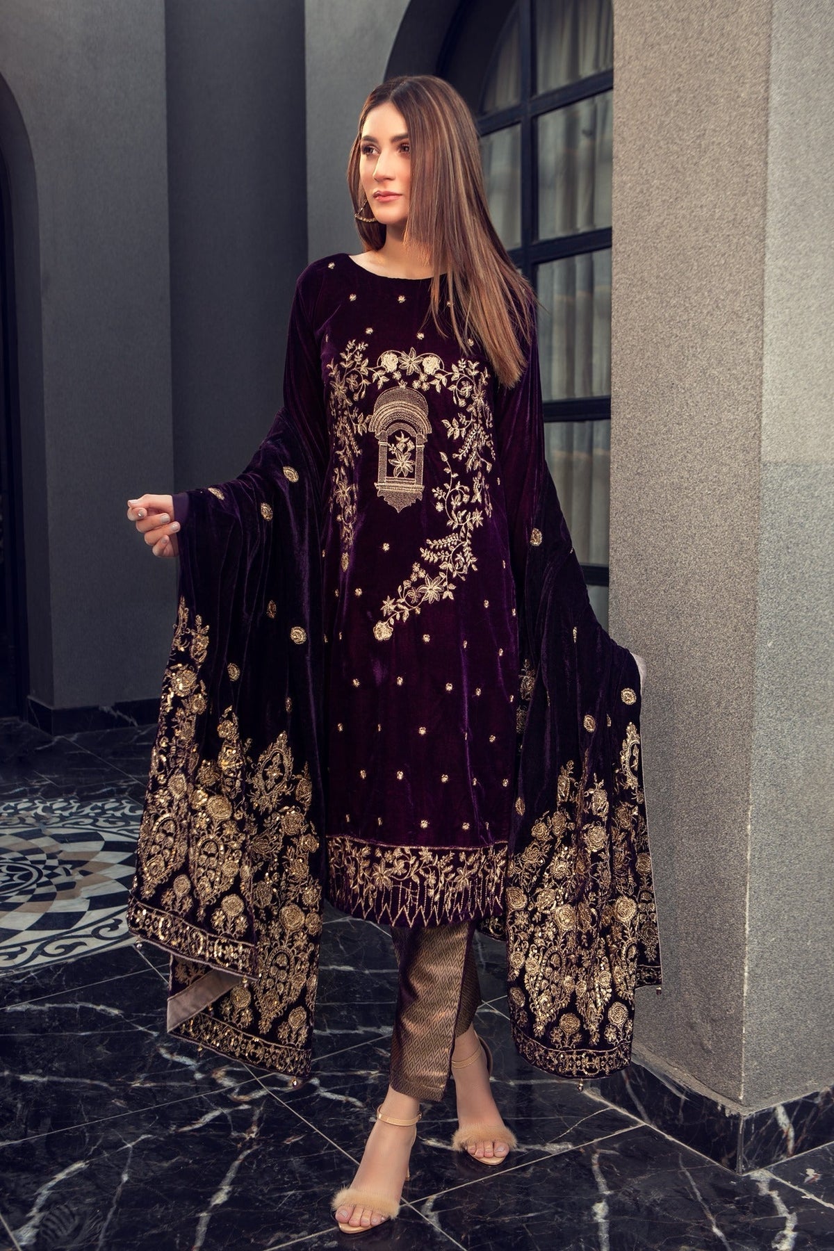 Panache Apparel Stitched Velvet Collection-Mauve Bloom